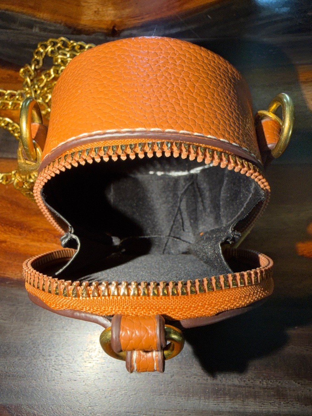 Mini Round Crossbody Bag in Tan with Gold Chain - Picture 4 of 4